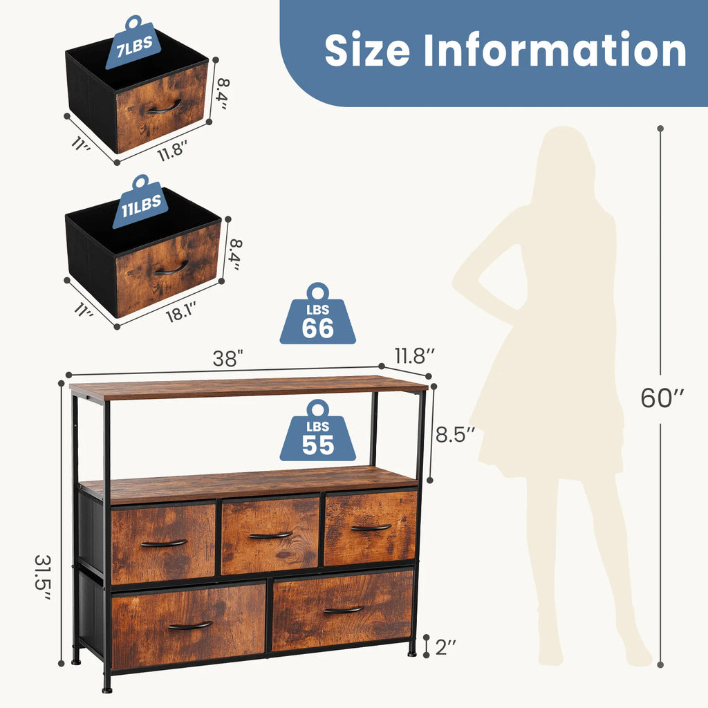 TV Stand/Dresser With 5 Fabric Drawers