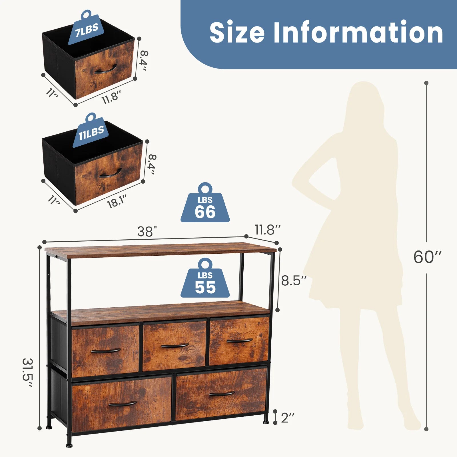 TV Stand/Dresser With 5 Fabric Drawers