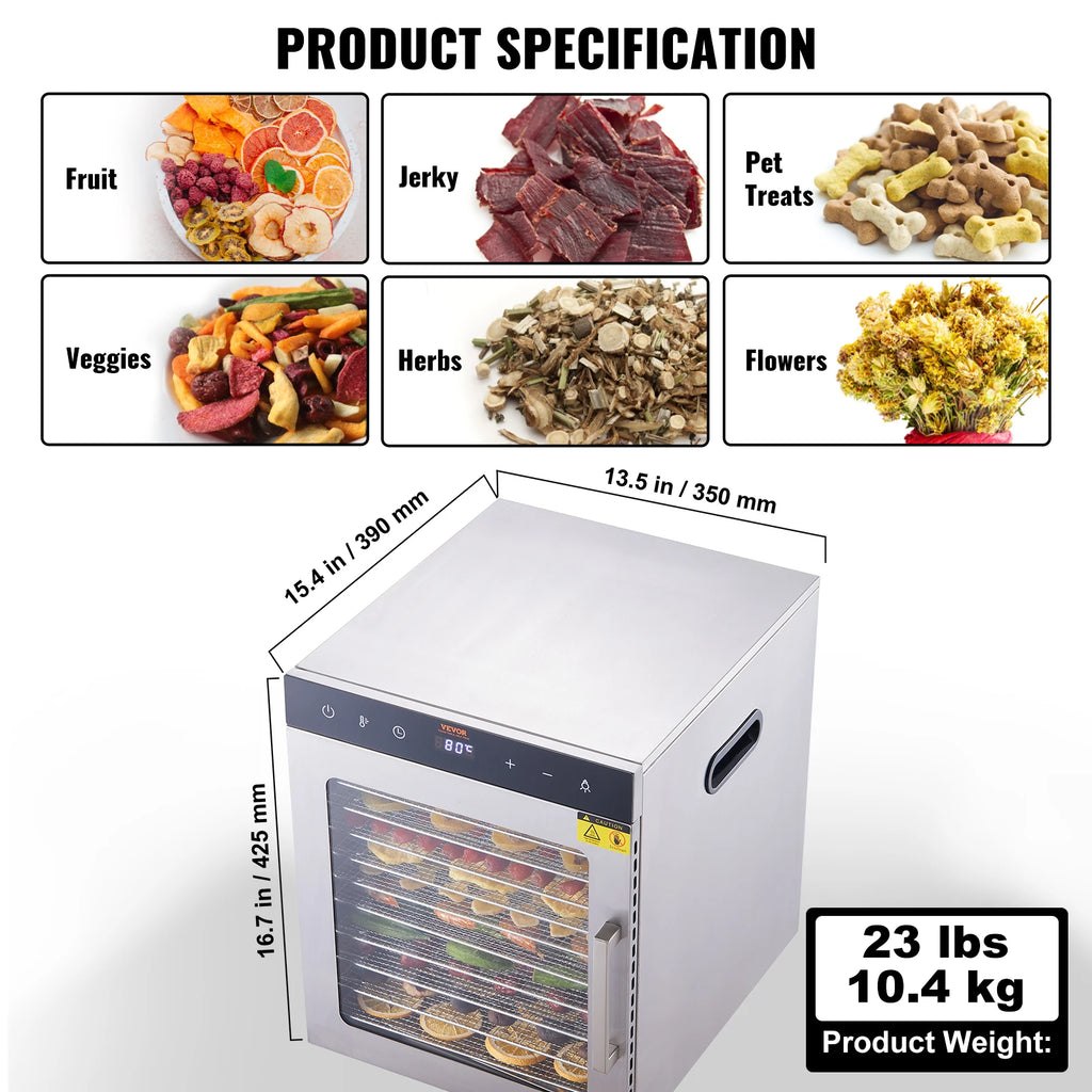 10 Tray Food Dehydrator Stainless 800W/1000W