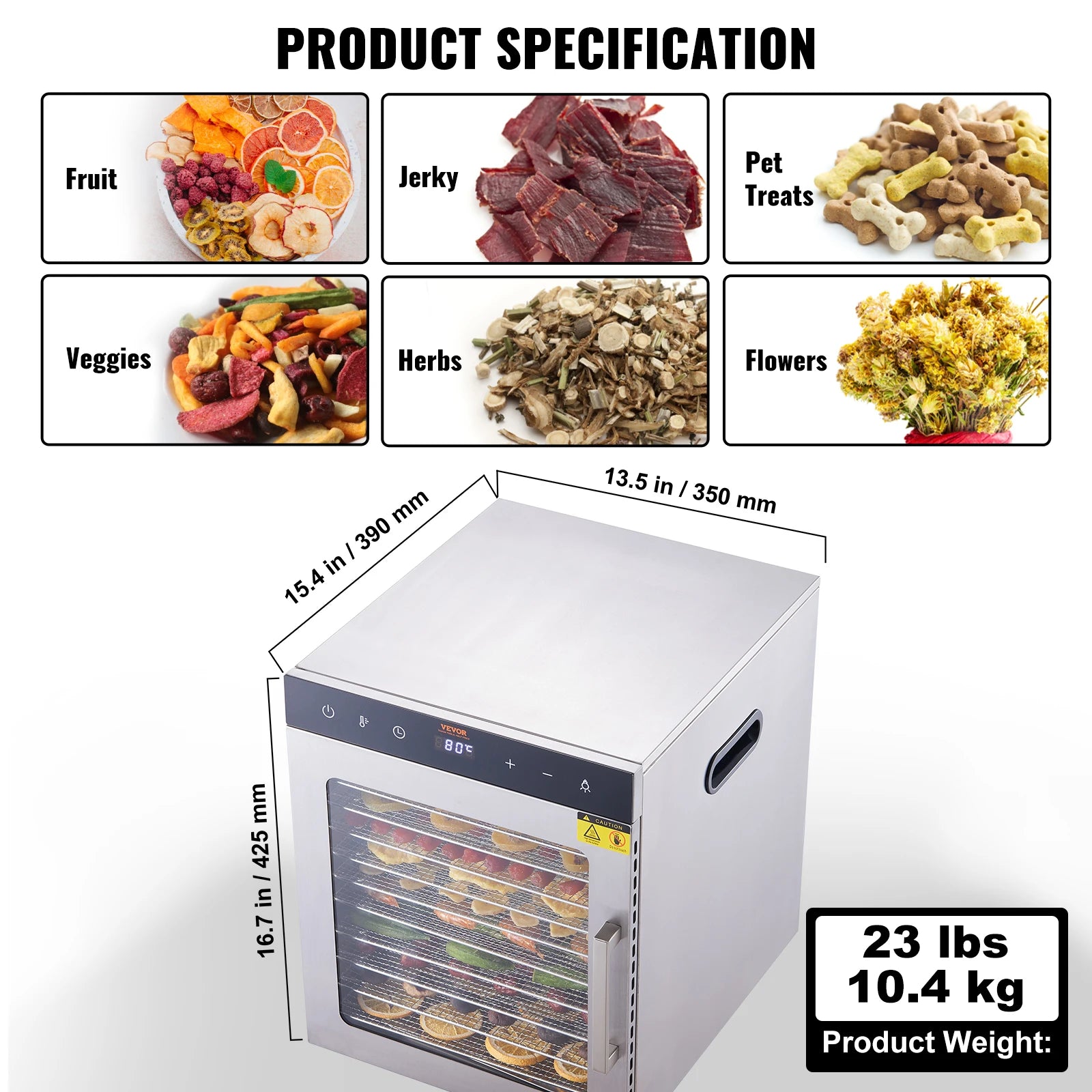 10 Tray Food Dehydrator Stainless 800W/1000W