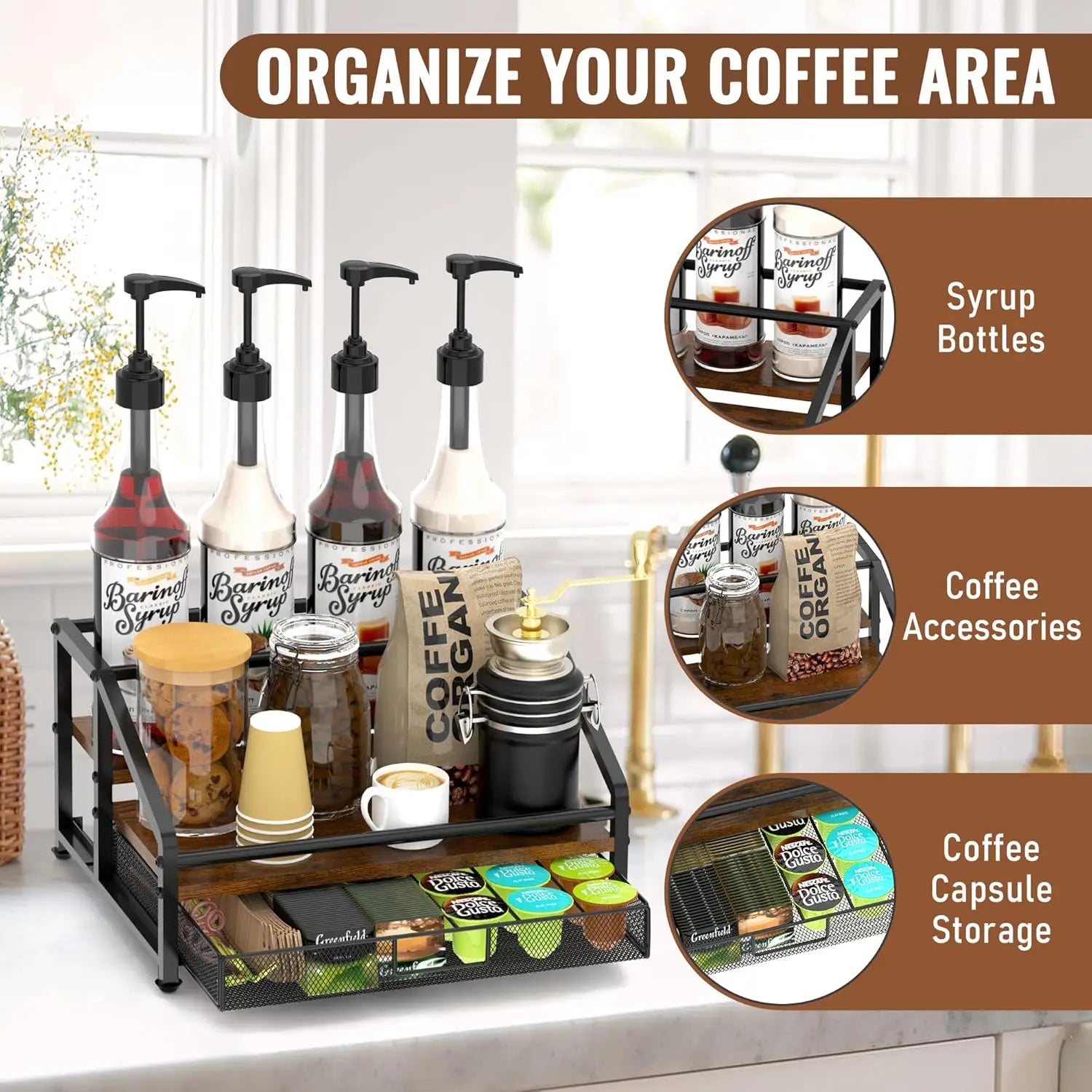 3-Tier Coffee Syrup Rack/35 K-Cup Storage/Coffee Bar