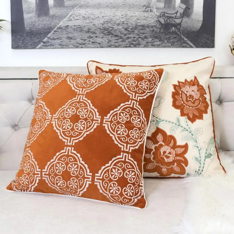Burnt Orange Damask Embroidered Pillow