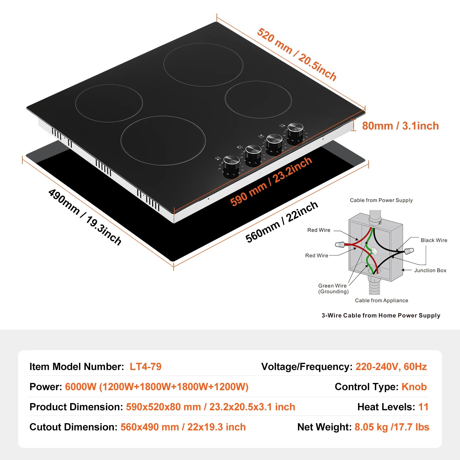 12 24 30" Electric Cooktop 2 or 4 Burners Built-in