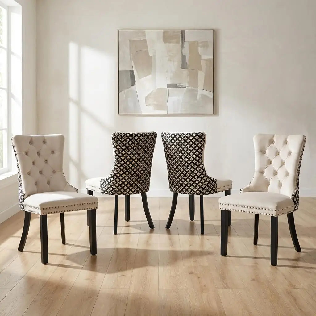 4 Modern Tufted Upholstered Beige Velvet