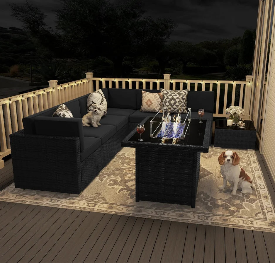 8-Piece Whicker Patio Set W/Fire Pit