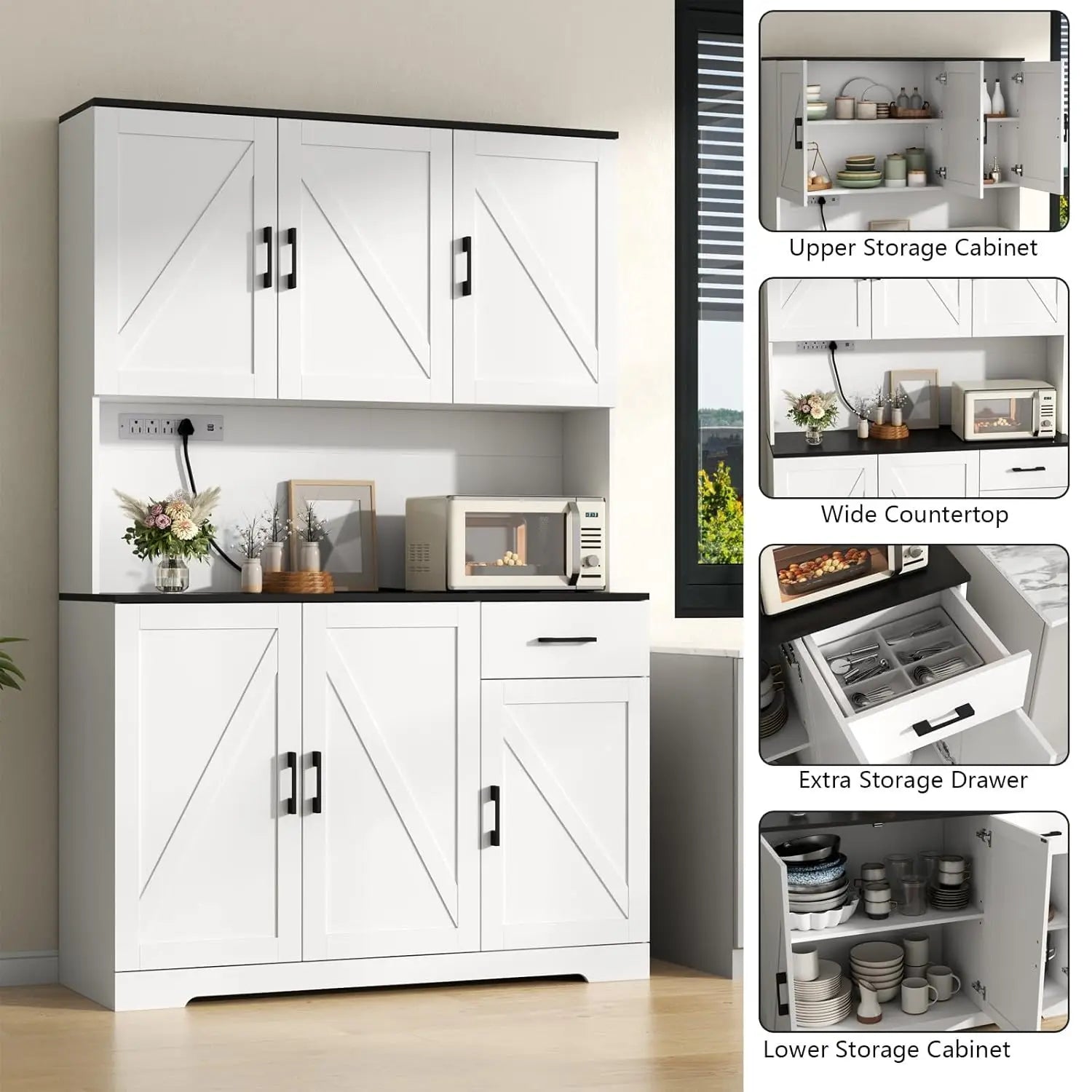 71" Kitchen Pantry Cabinet, Charging Station, Microwave Shelf