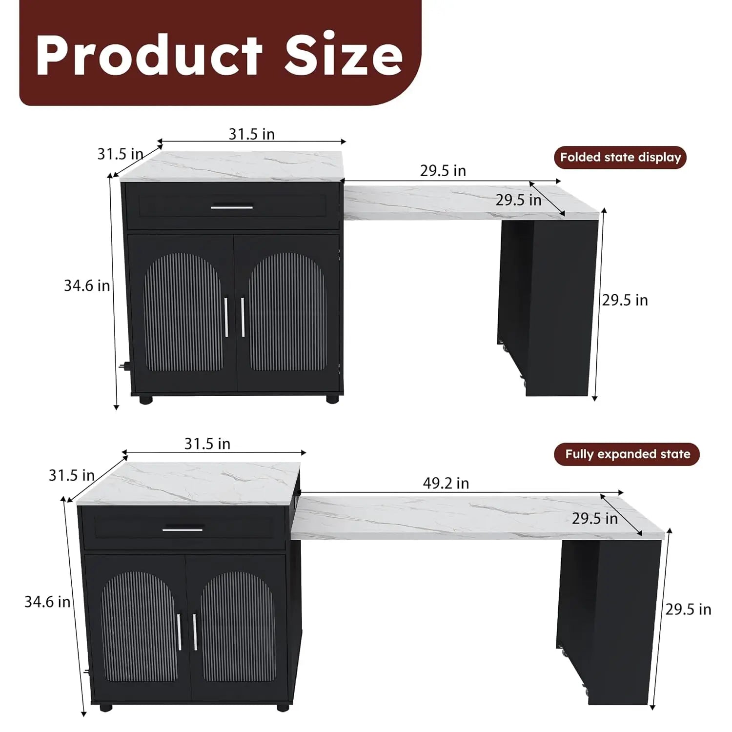 80" Island w/Extendable Marble-Grain to Outlet Rolling