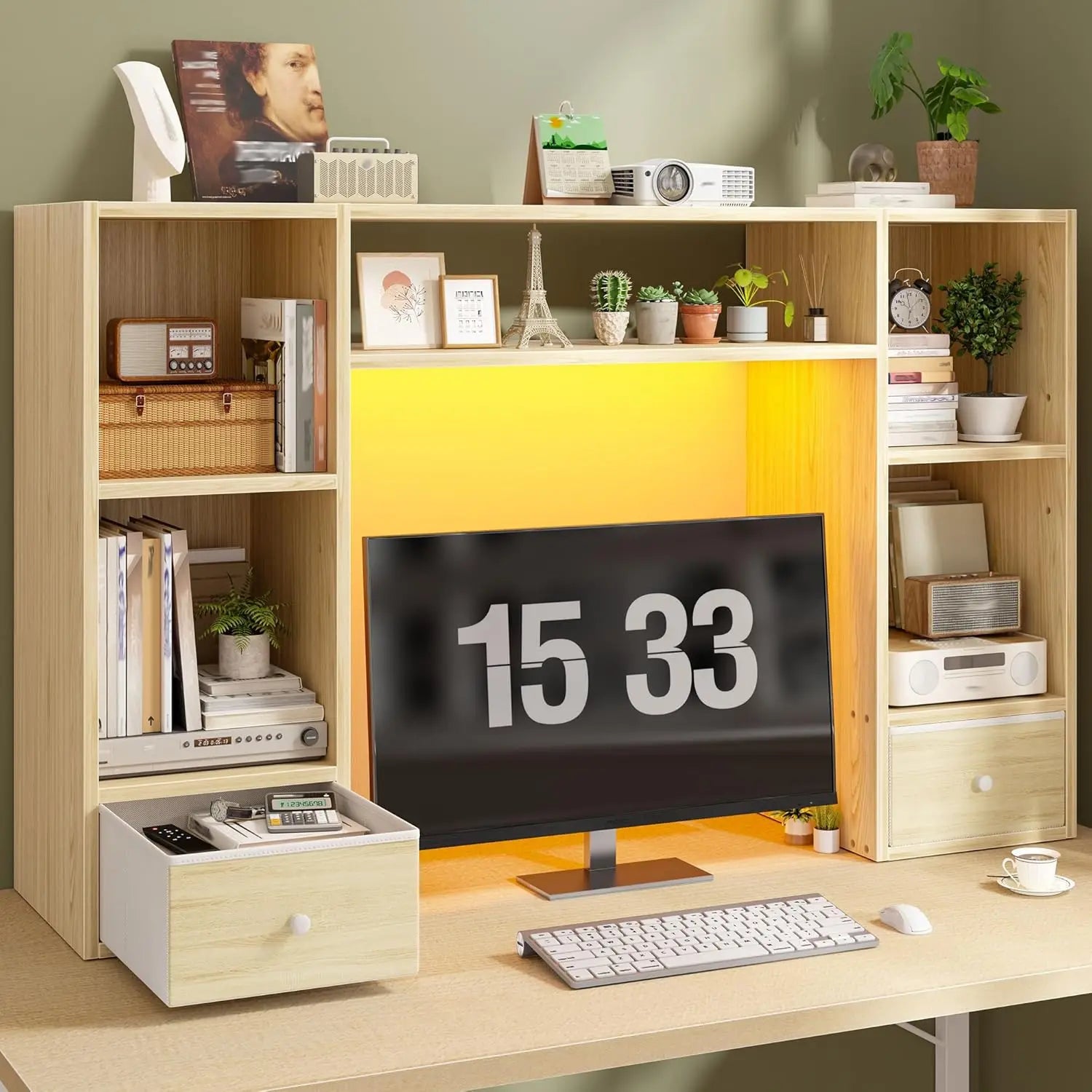 Bookshelf W/ LED Light/47.2"/Organizer 6 Shelves 2 Drawers