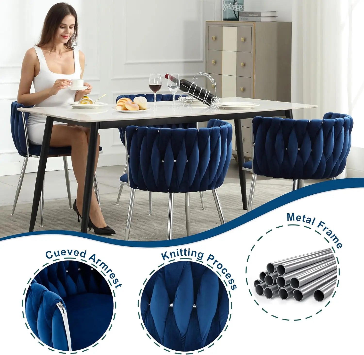 4 Navy Blue Velvet Upholstered Silver Legs