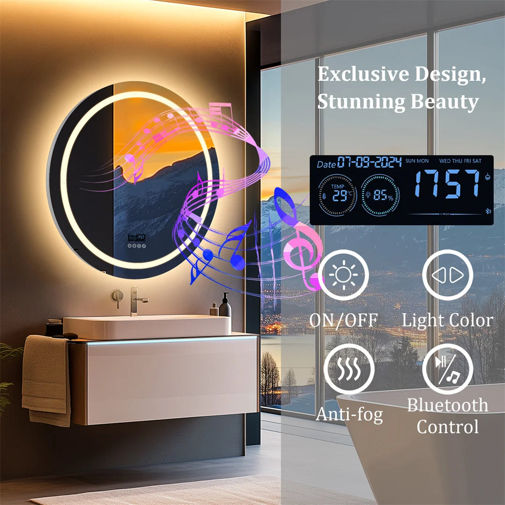 Round Bathroom Mirror w/Dual Bluetooth