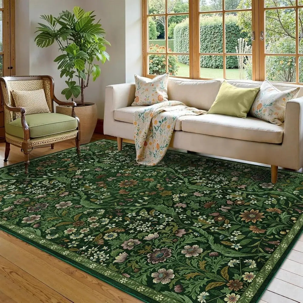 6x9 Green Boho Washable Low Pile