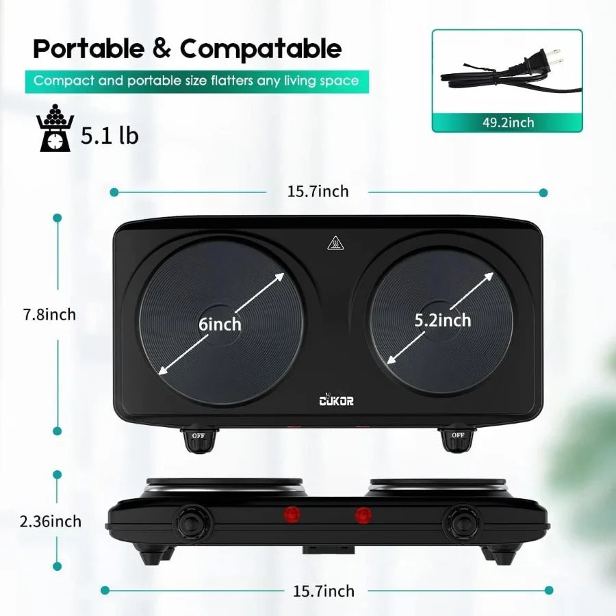 Portable Double Cast Iron 2 Burner 1800W