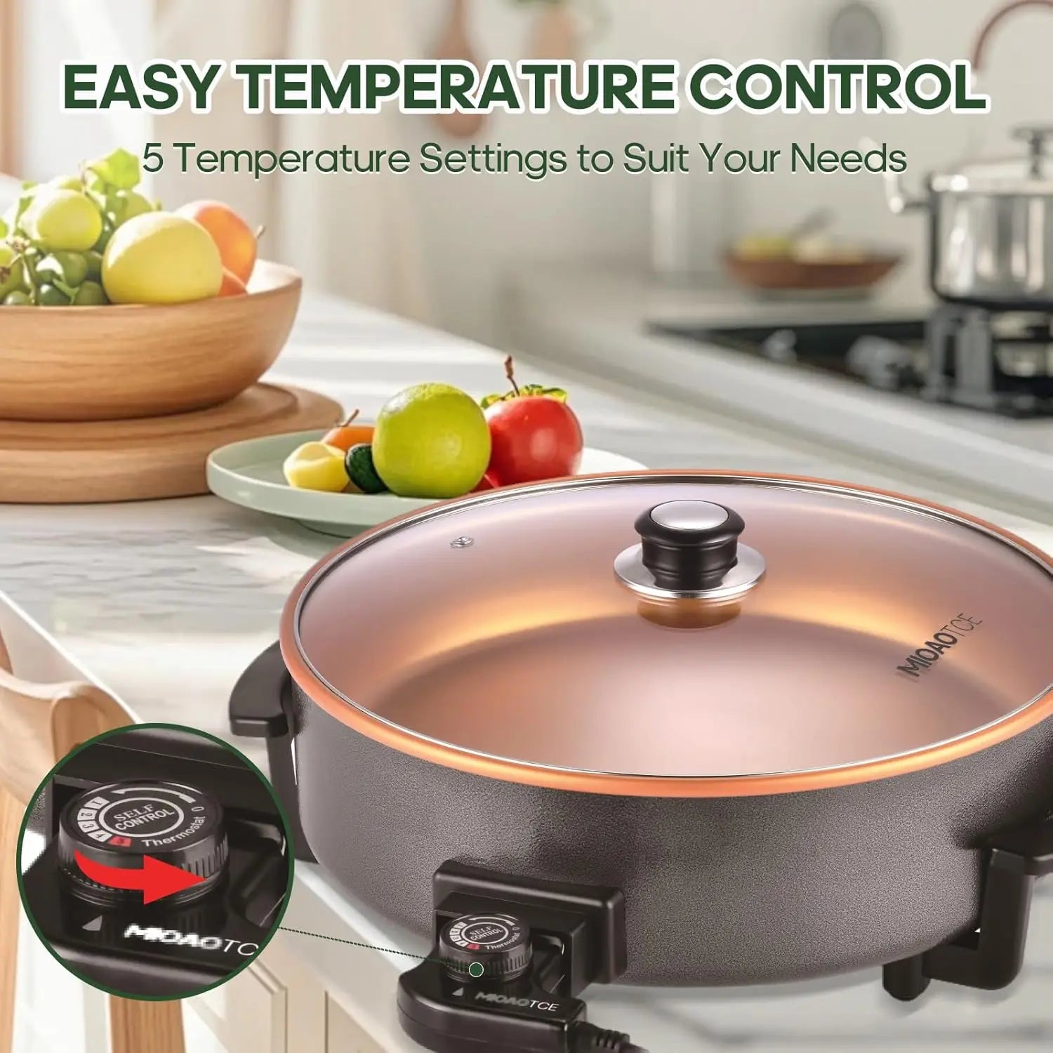 14' Large Electric Skillet with lid, Ceramic