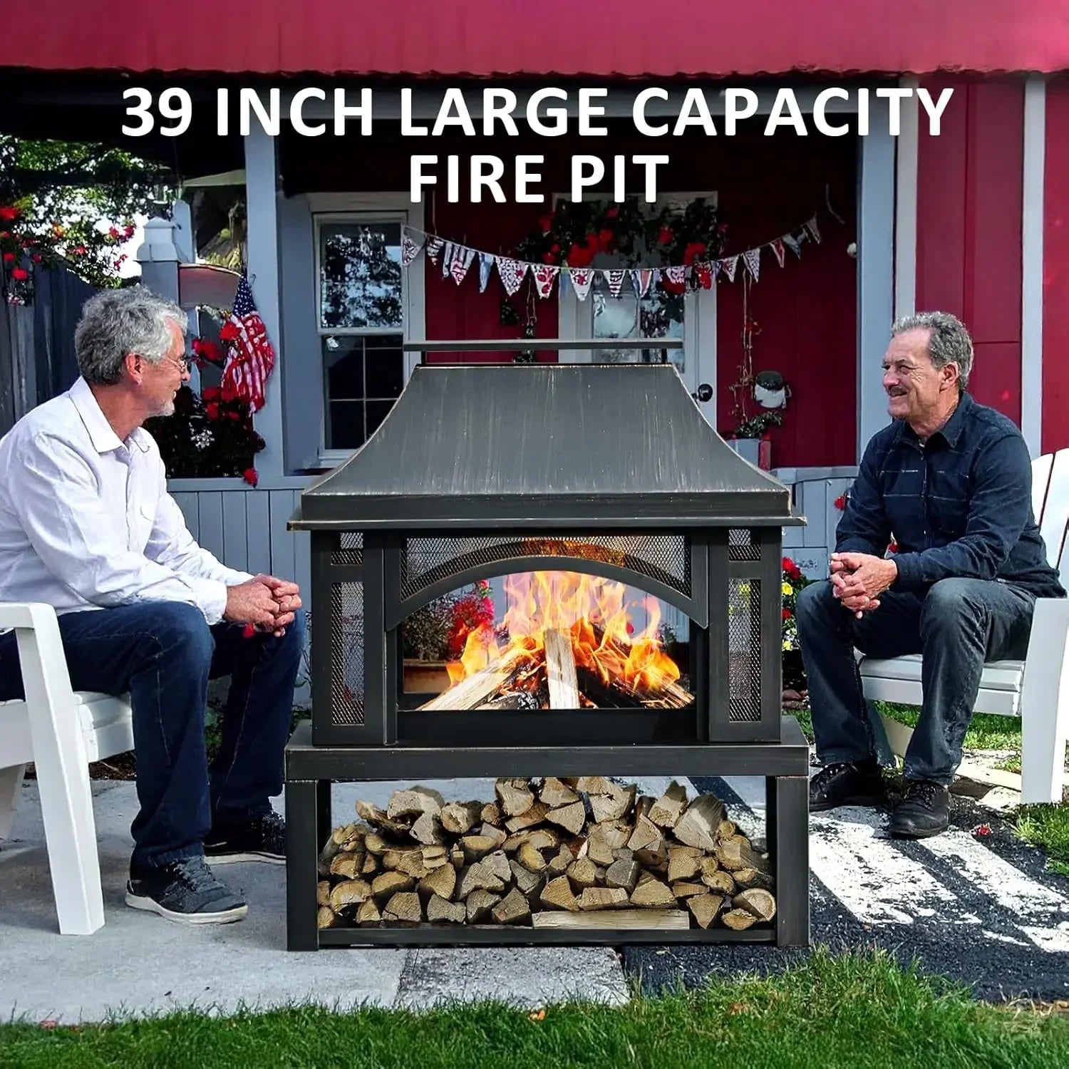 39" Fire Pits Wood Storage Outside, Chimney