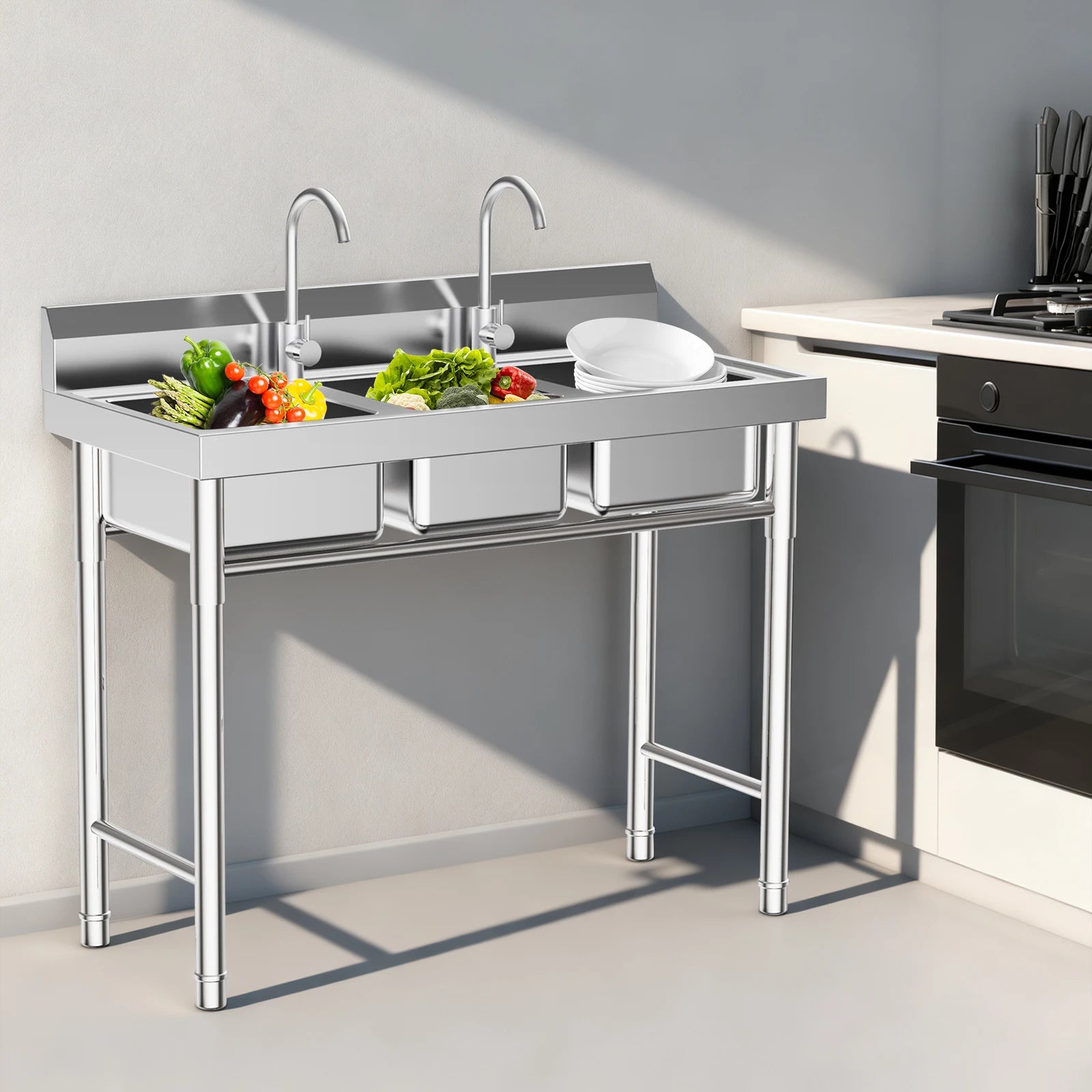 3-Compartment Stainless Commercial w/2 Faucets
