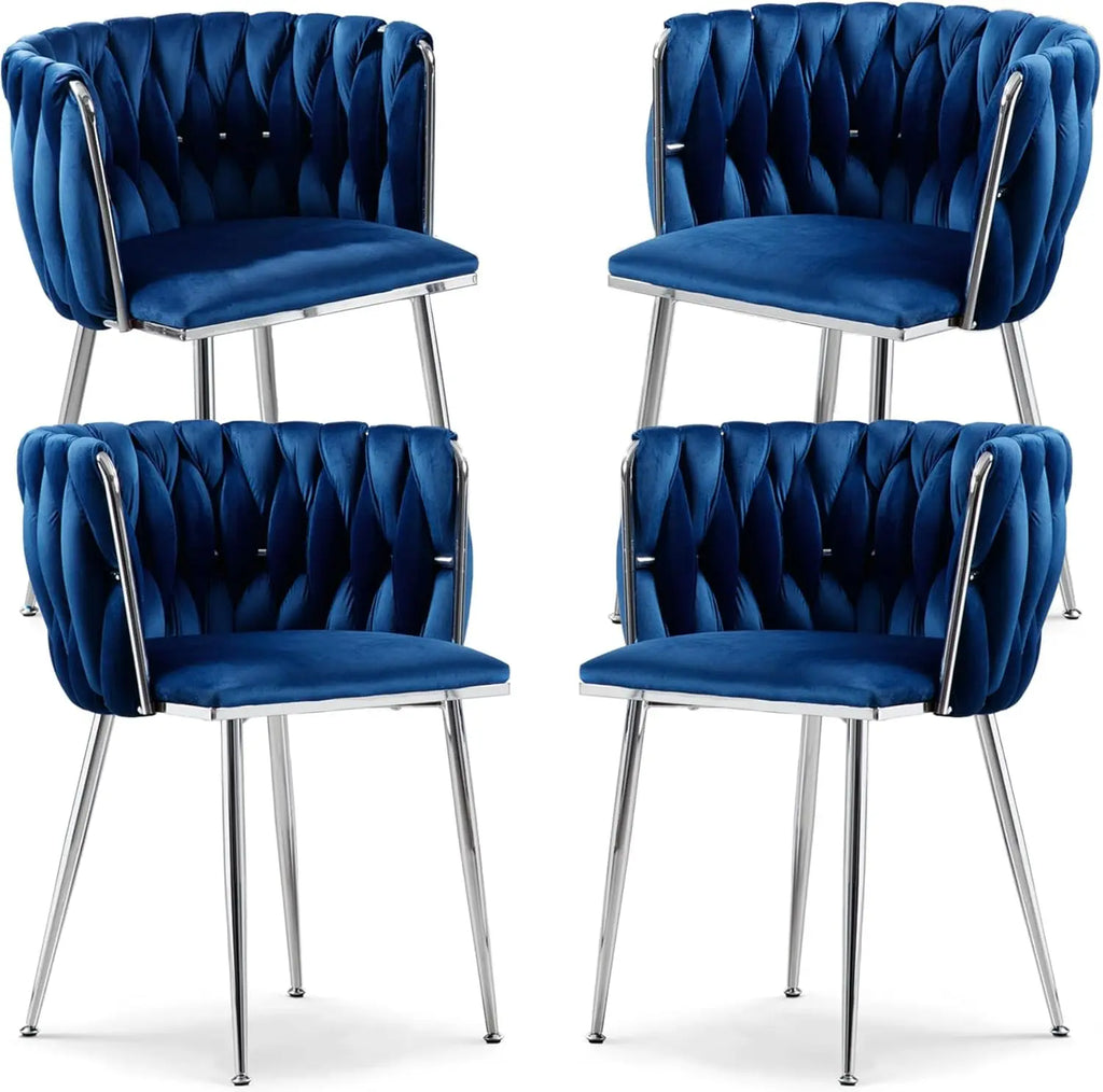 4 Navy Blue Velvet Upholstered Silver Legs