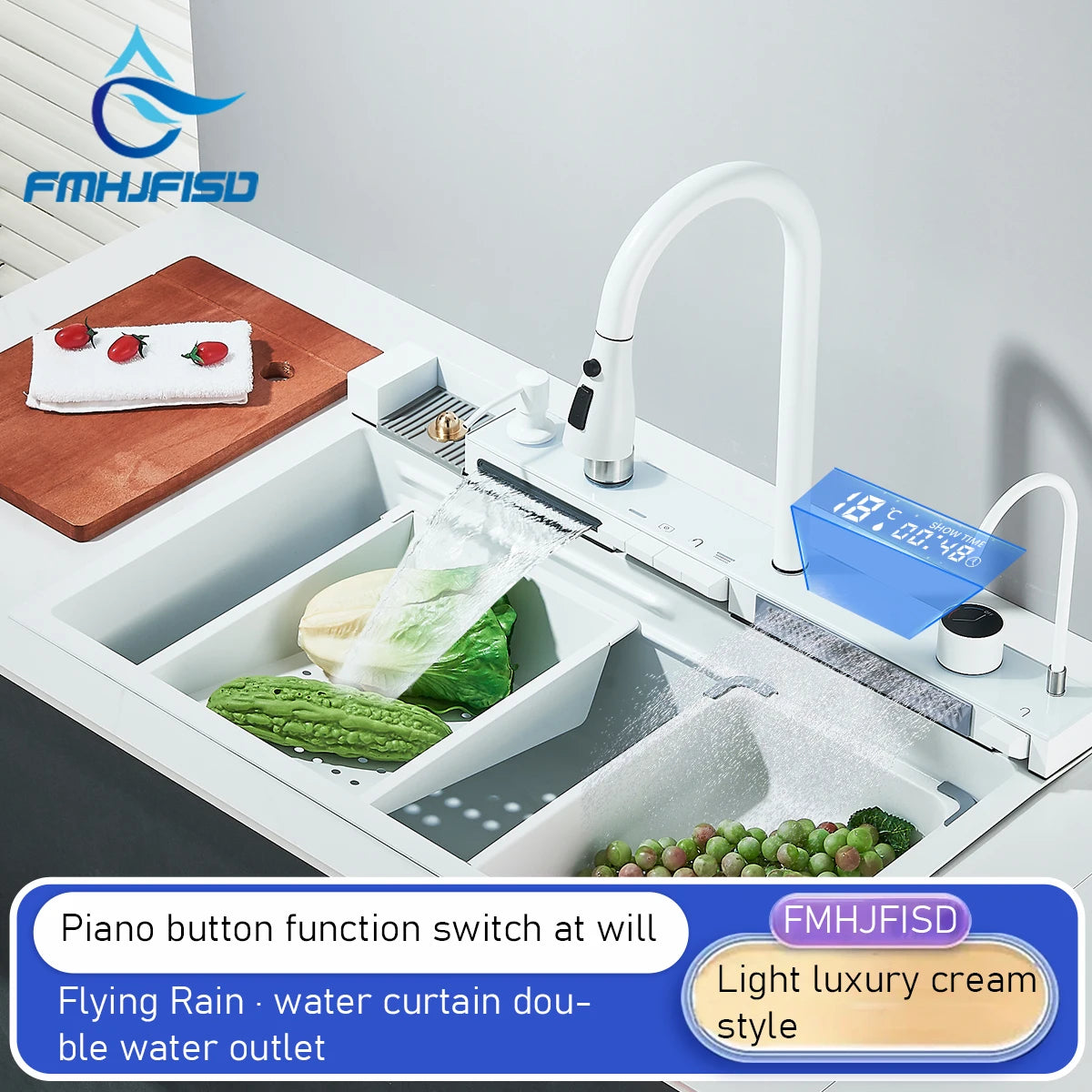 White Stainless Waterfall Digital Display Faucet