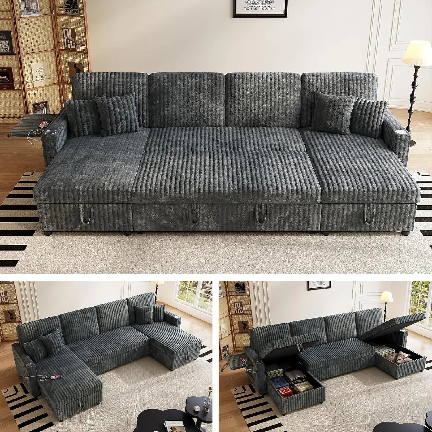 Sleeper Sectional Sofa, 110" Modern U