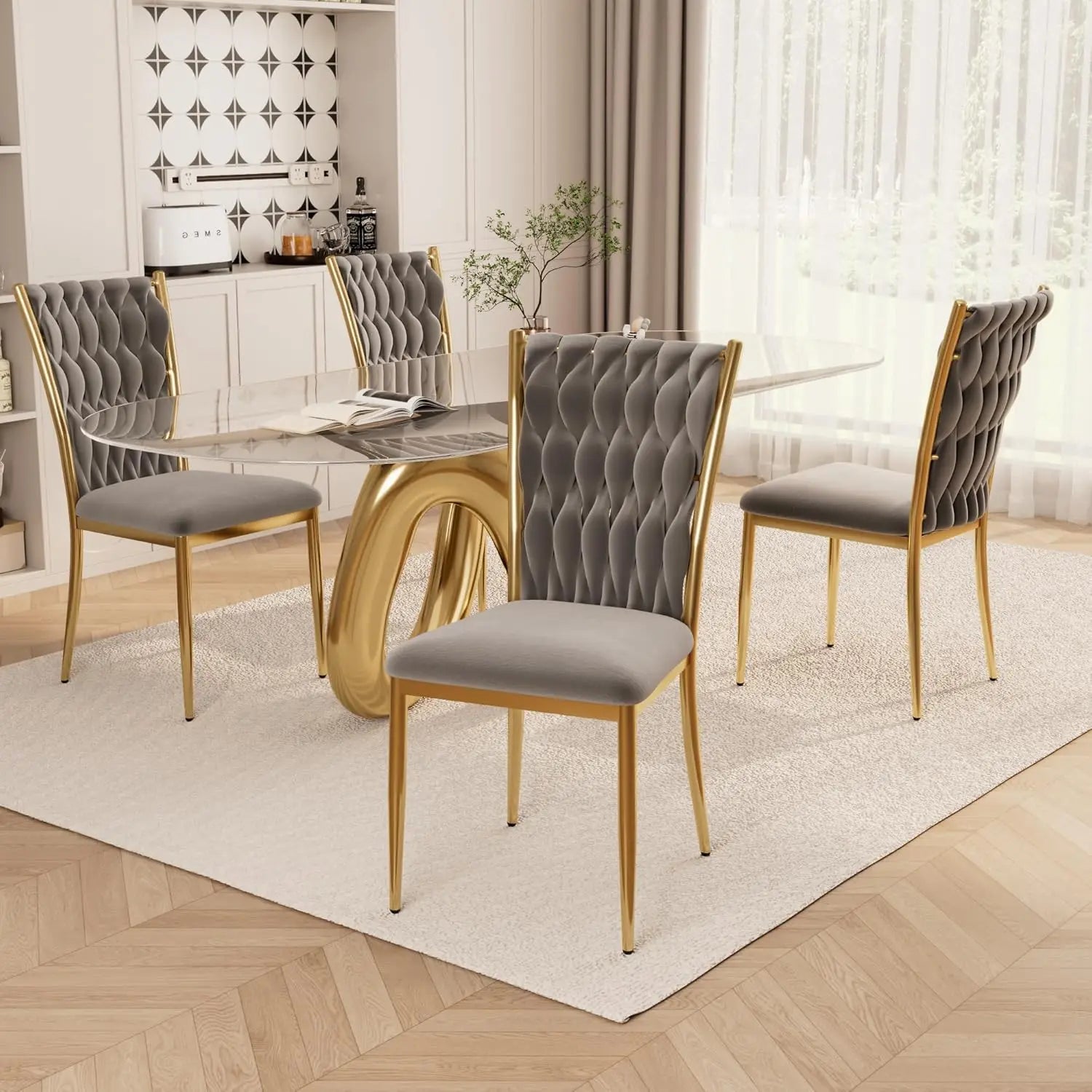 4 Velvet Upholstered w/Gold Metal Legs,