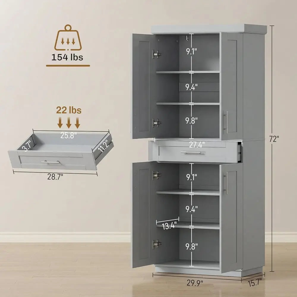 72"T Pantry Cabinet 4 Doors & 3 Adjustable Shelves
