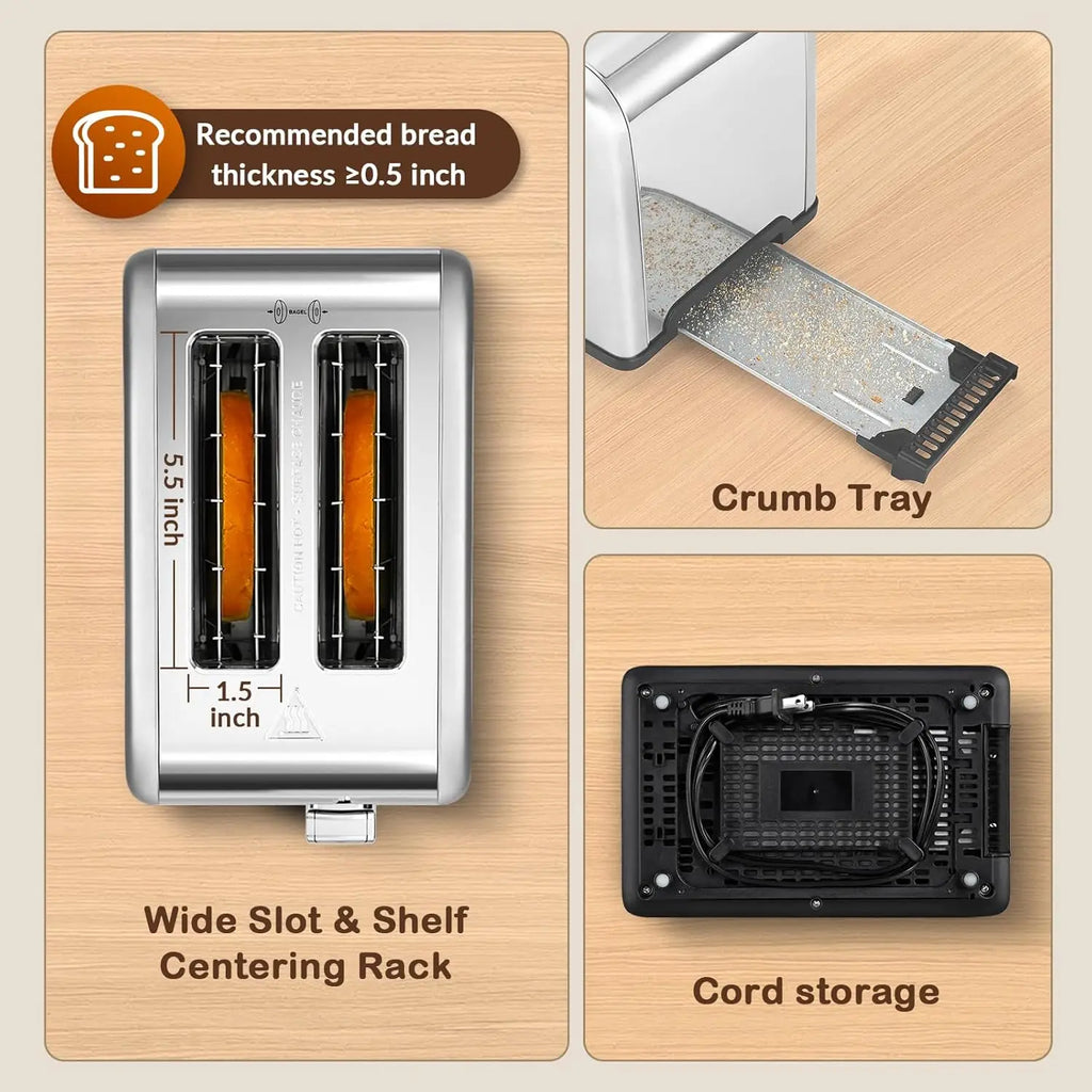 2 Slice Toaster, 1.5" Wide Slot, Stainless