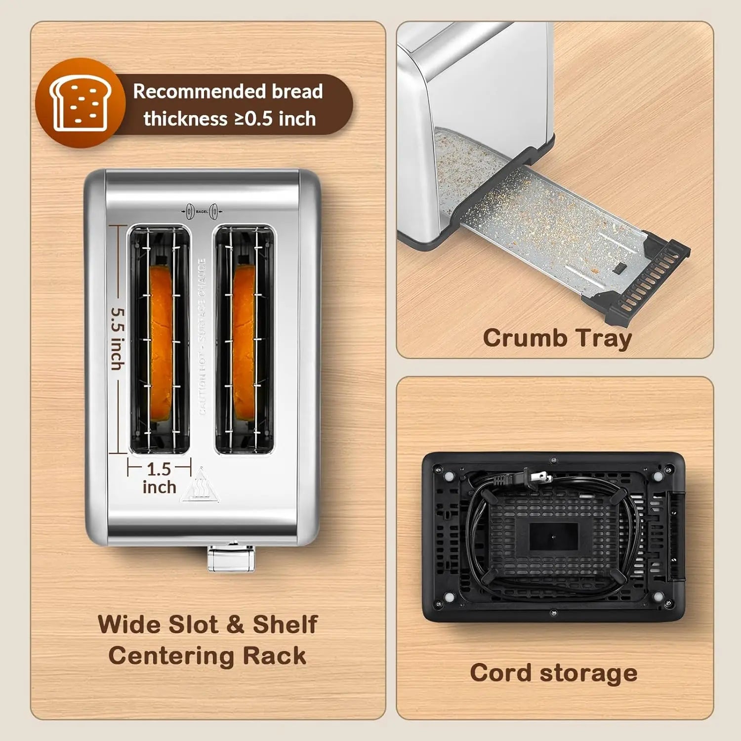 2 Slice Toaster, 1.5" Wide Slot, Stainless
