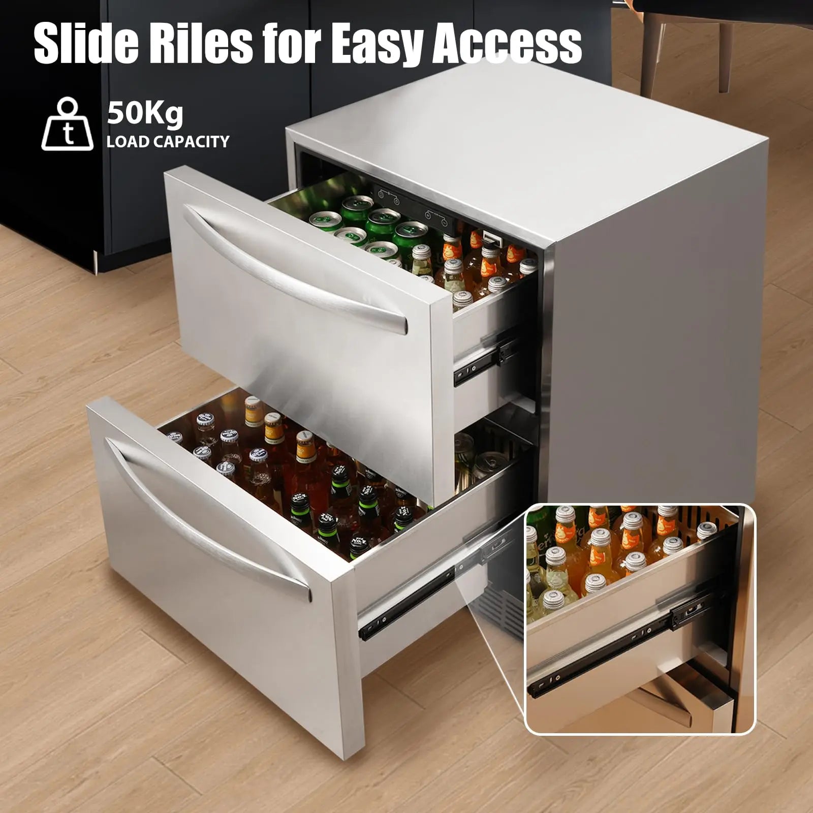 24" Under Counter Double Drawer Fridge Stainless