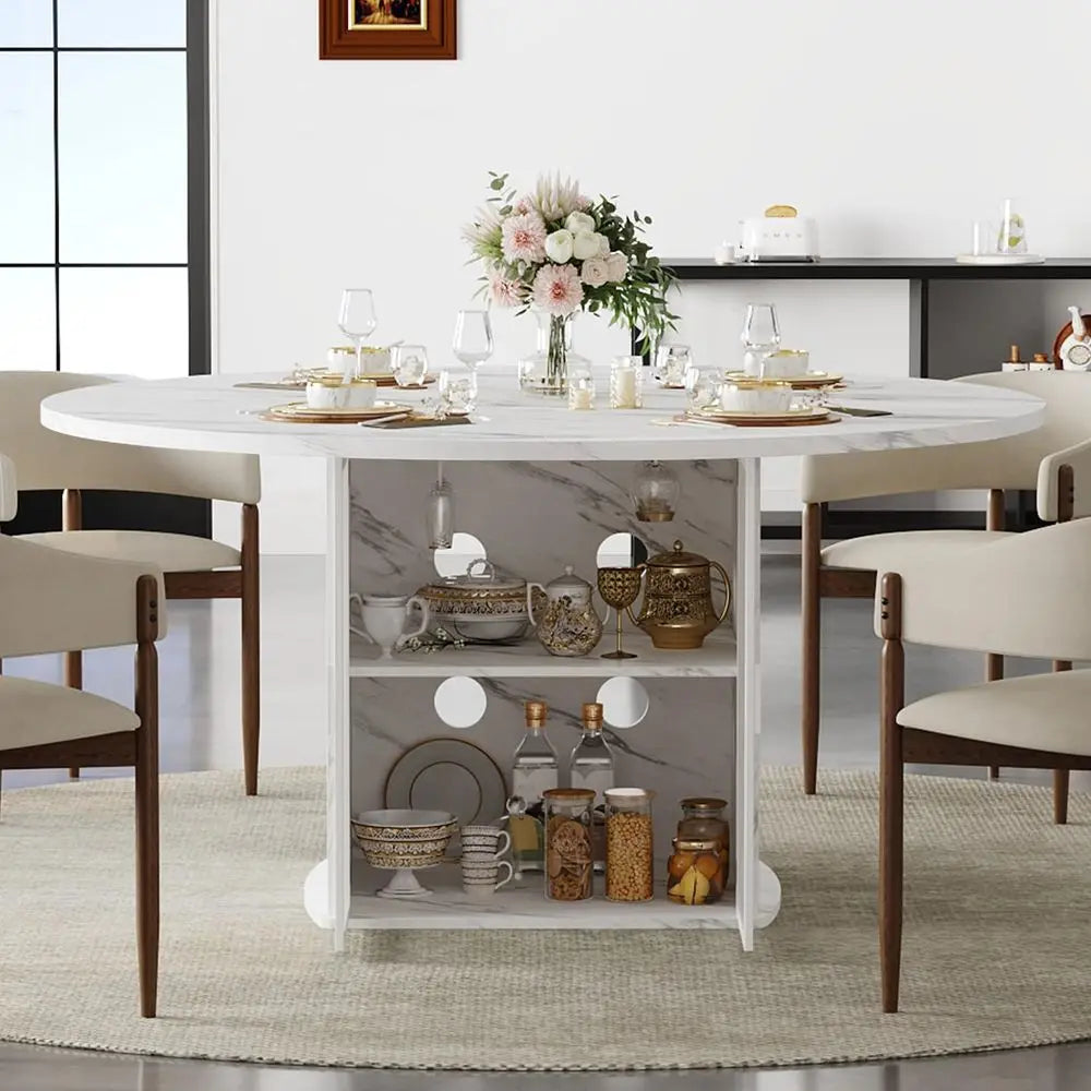 47" Round w/Storage White Faux Marble