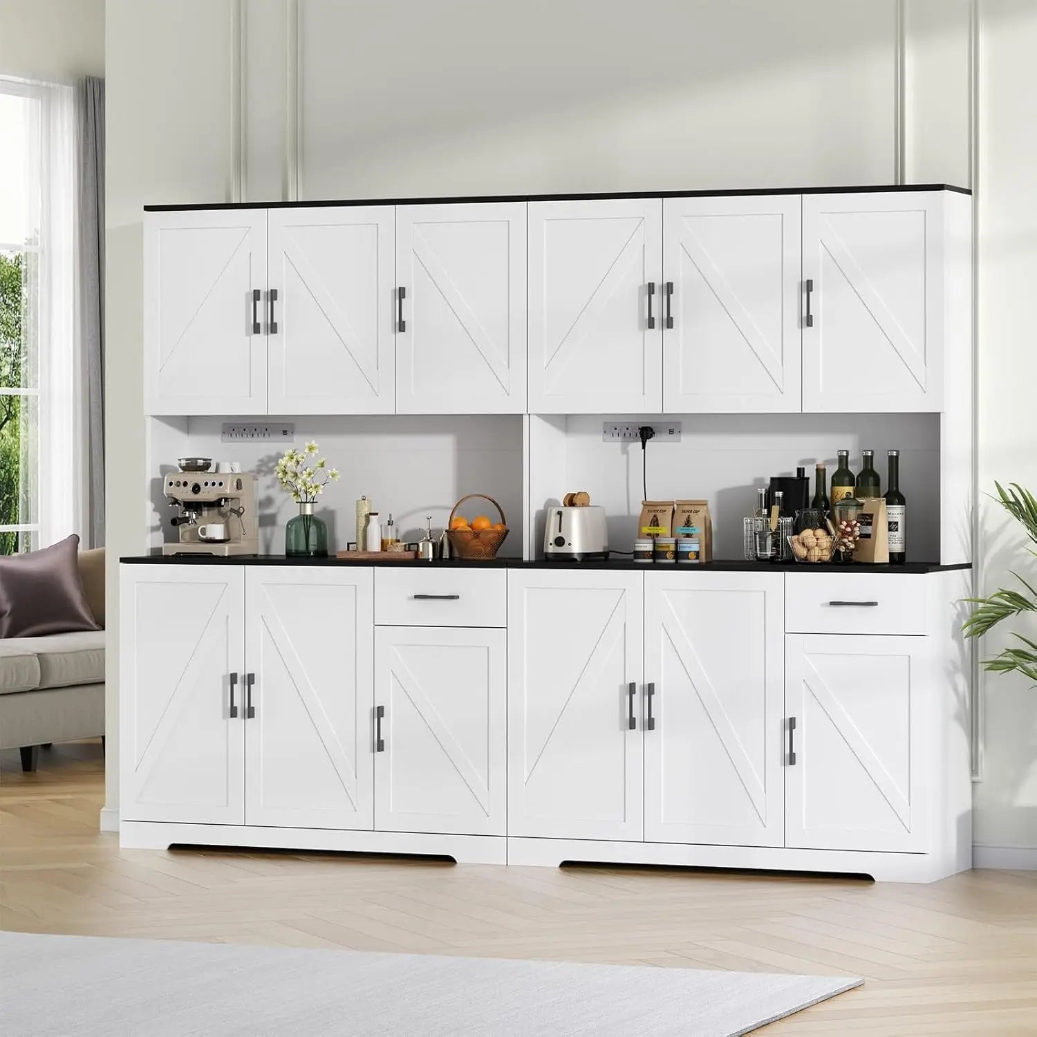 71" Kitchen Pantry Cabinet, Charging Station, Microwave Shelf