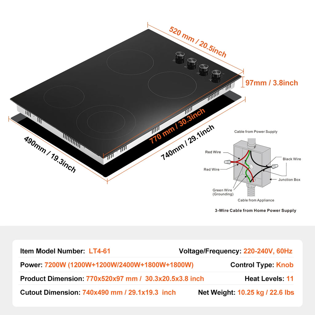 12 24 30" Electric Cooktop 2 or 4 Burners Built-in