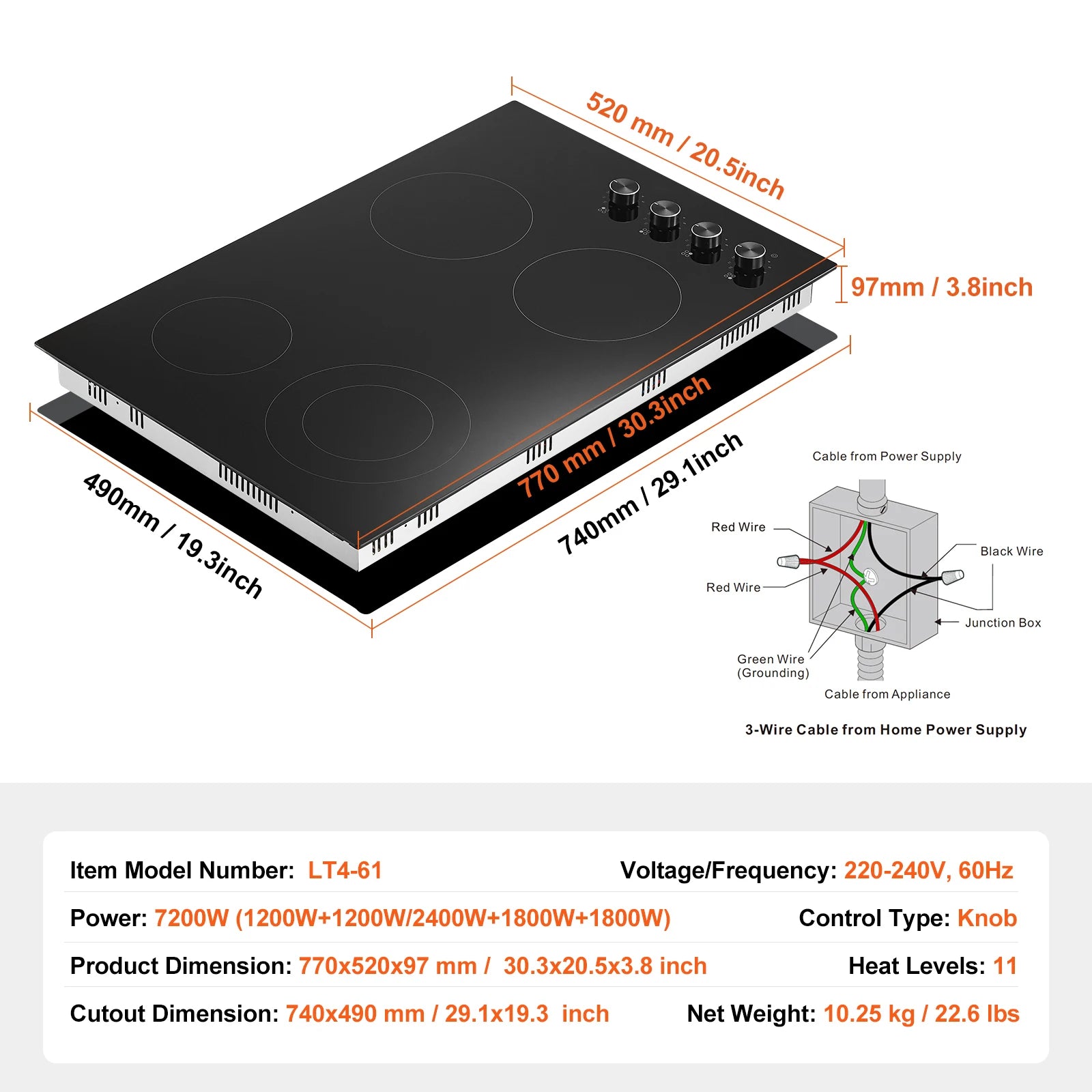 12 24 30" Electric Cooktop 2 or 4 Burners Built-in
