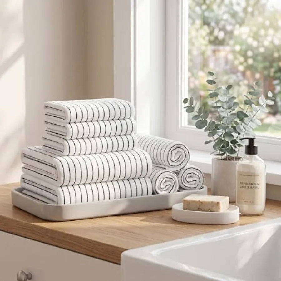 Black/White Striped 4 ea Bath & Hand Towels & 8 Washcloths