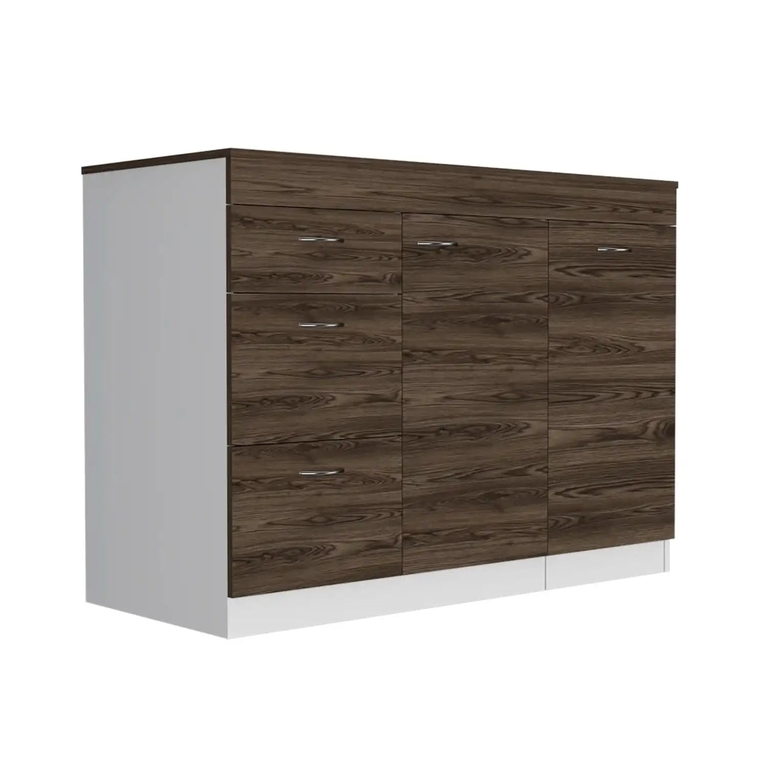 Kitchen Base Cabinet Three Drawers, White/Dark Walnut