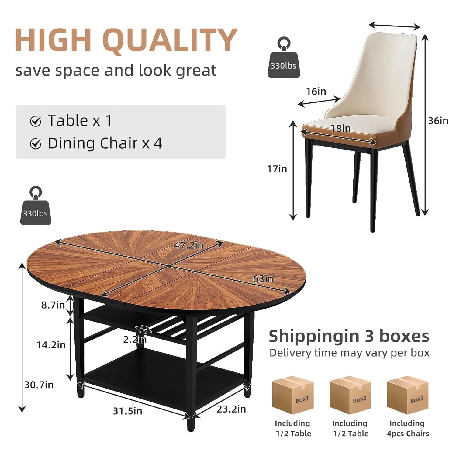47.2"-63" Extendable Round Solid Wood & Metal
