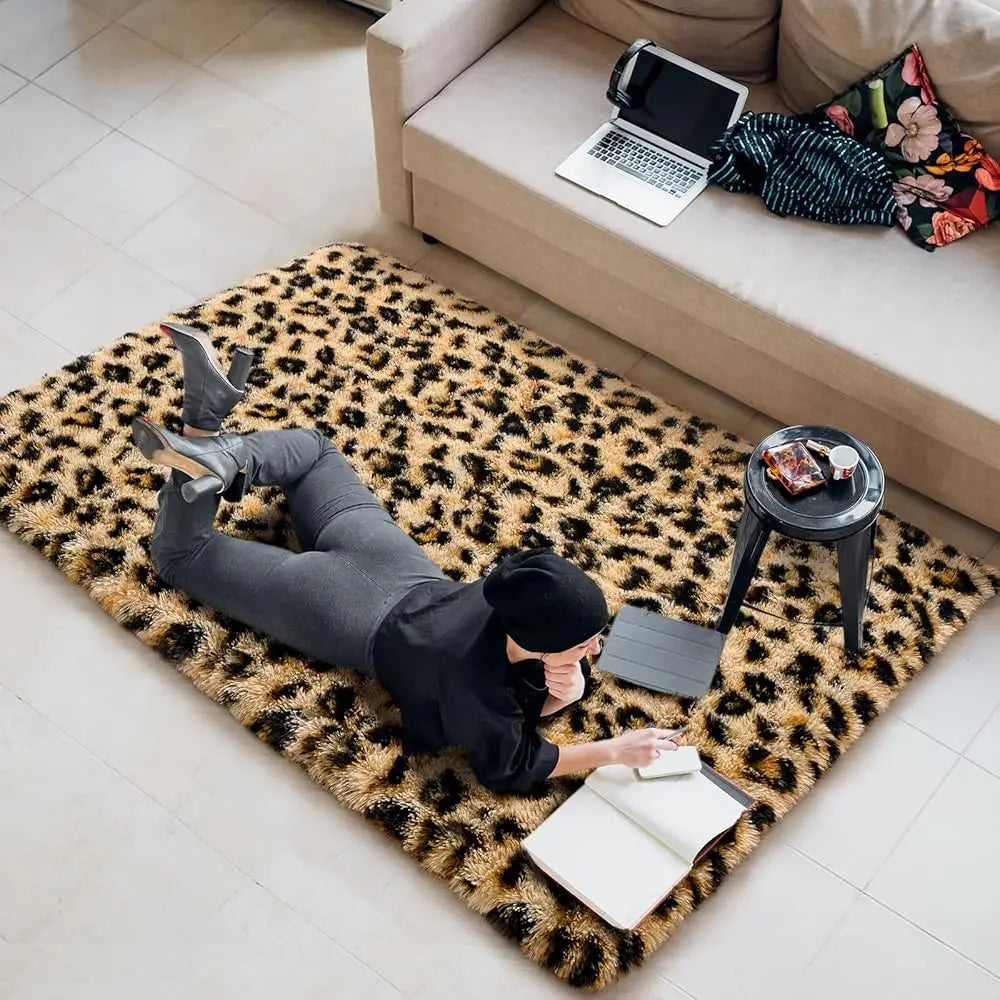 5x8 Khaki Fluffy Leopard Cheetah