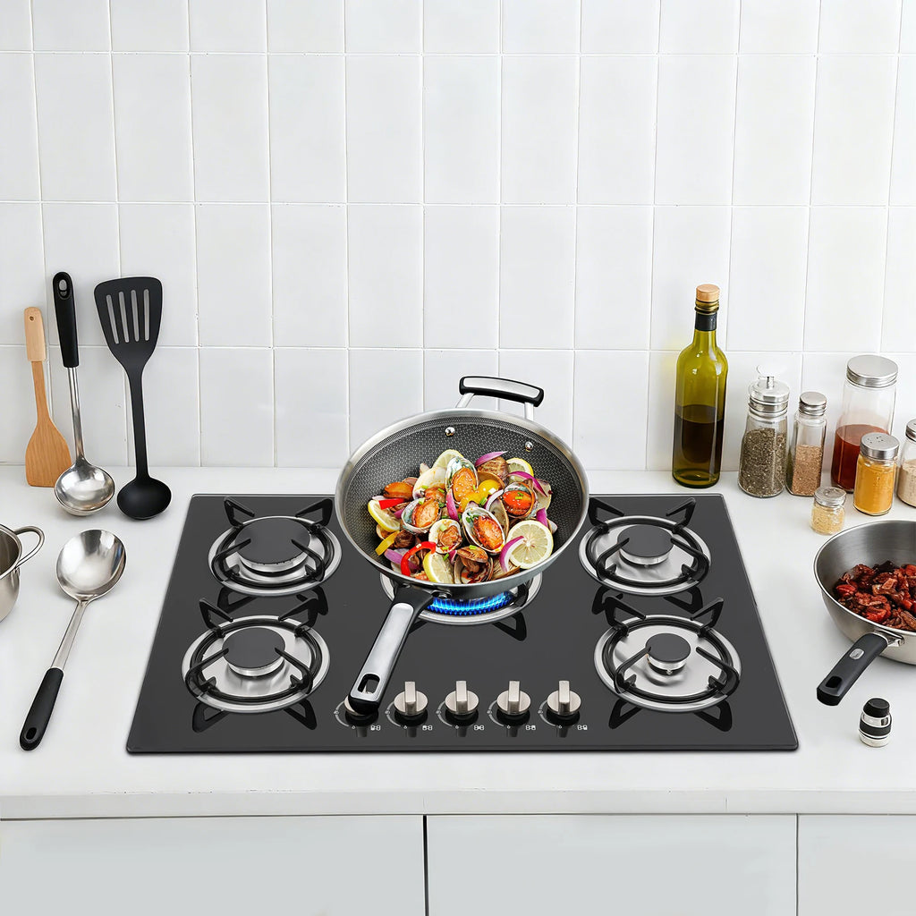 5-Burner Natural Gas Stove Tempered Glass Battery Ignition