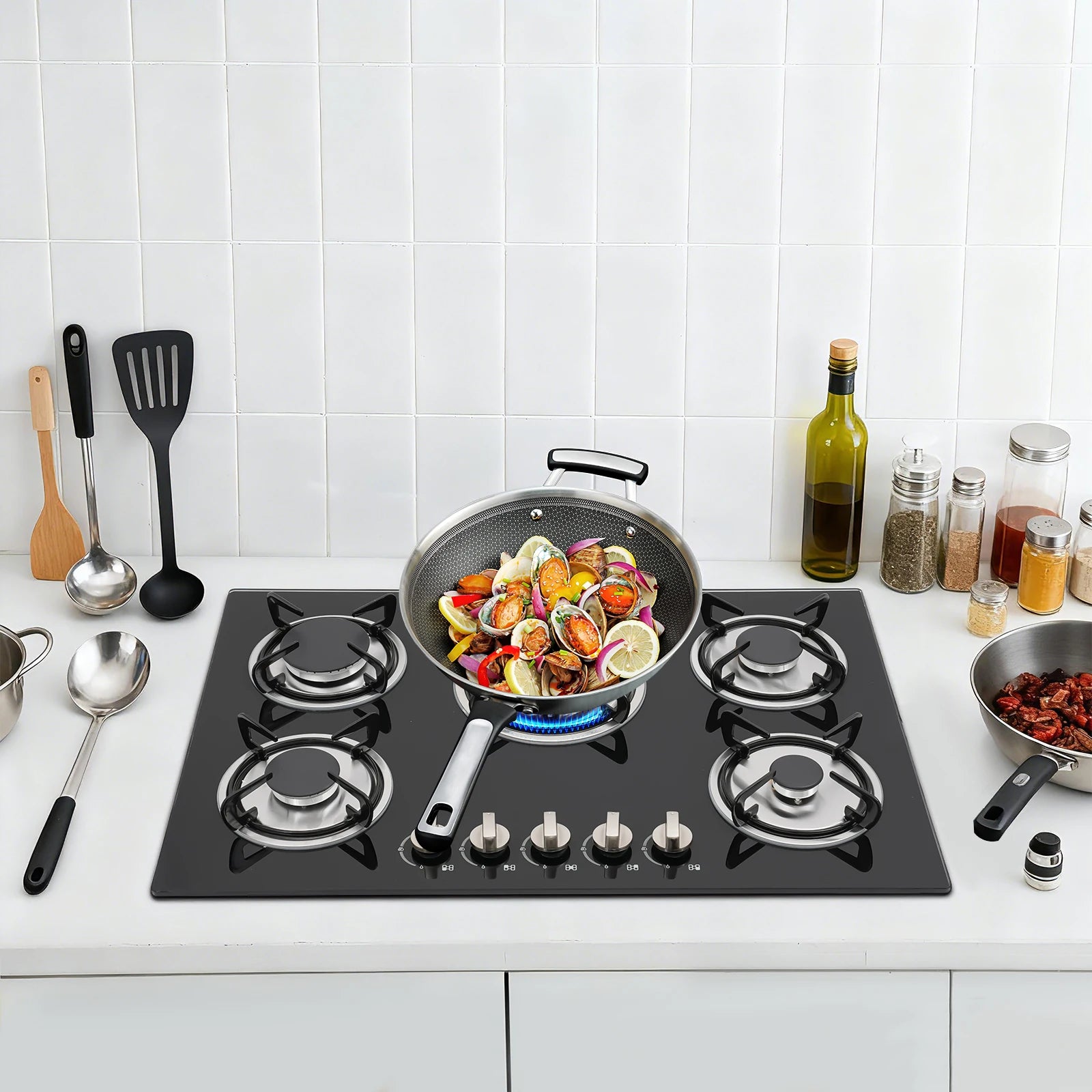 5-Burner Natural Gas Stove Tempered Glass Battery Ignition