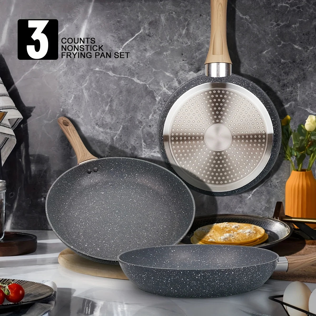 3 pcs Cookware Non-Stick Frying Pans Wooden Handle