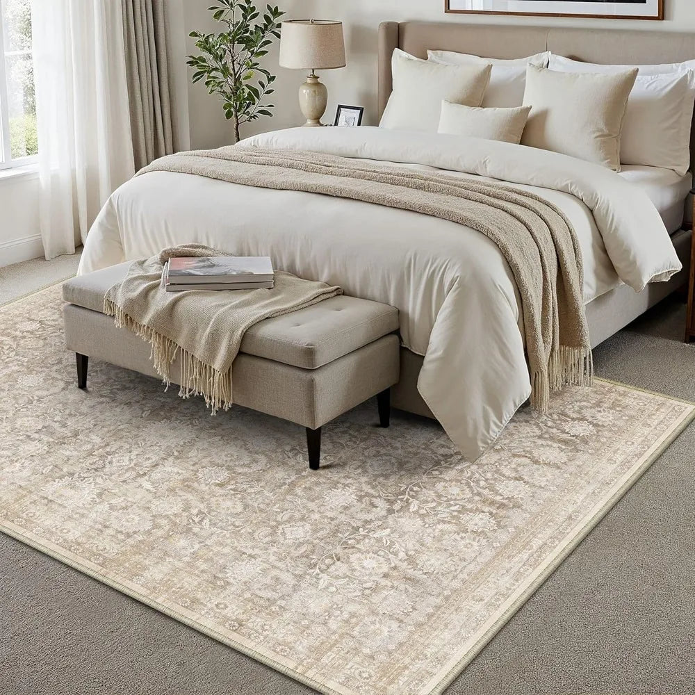 Elegant Beige Floral Washable Low Pile