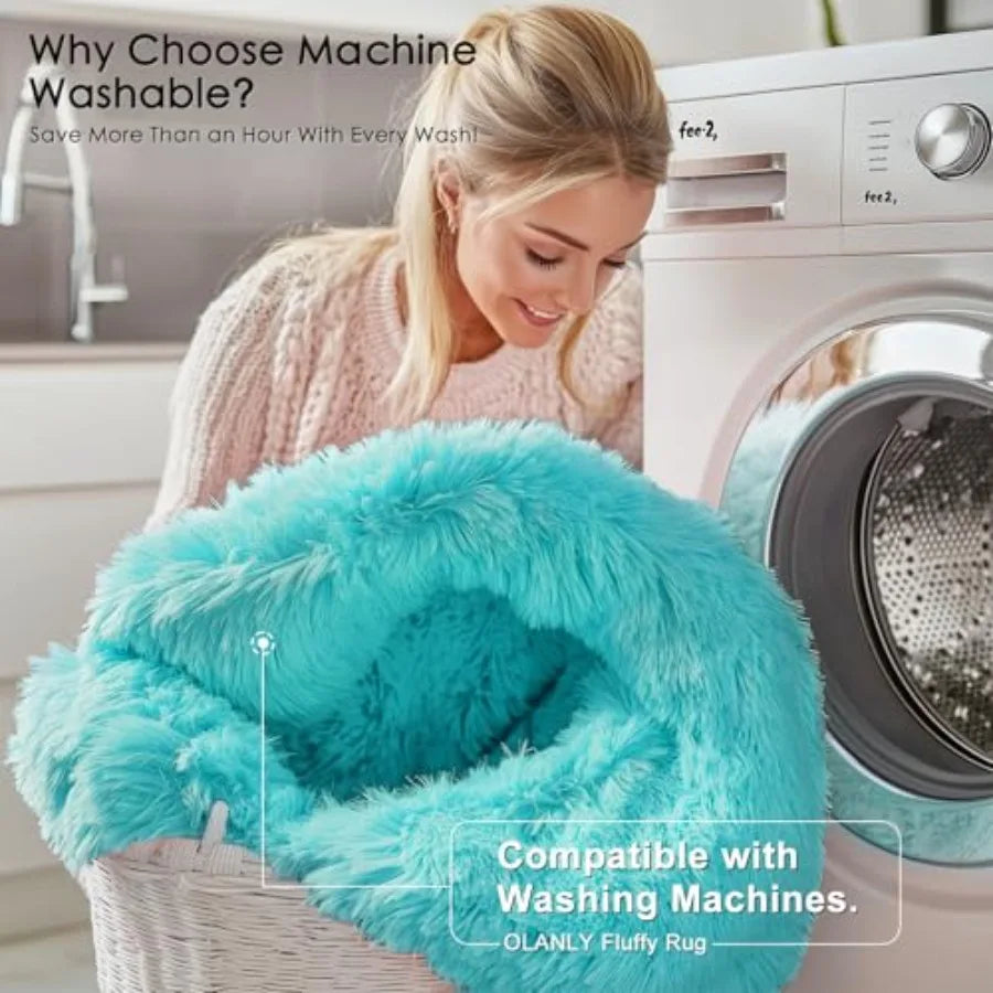 8' Teal Blue Circle Shaggy Washable