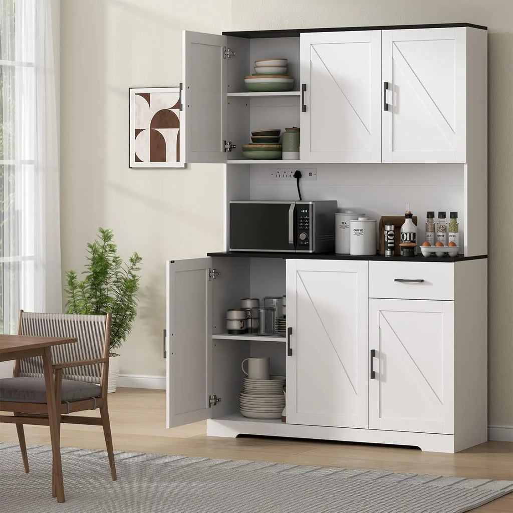 71" Kitchen Pantry Cabinet, Charging Station, Microwave Shelf