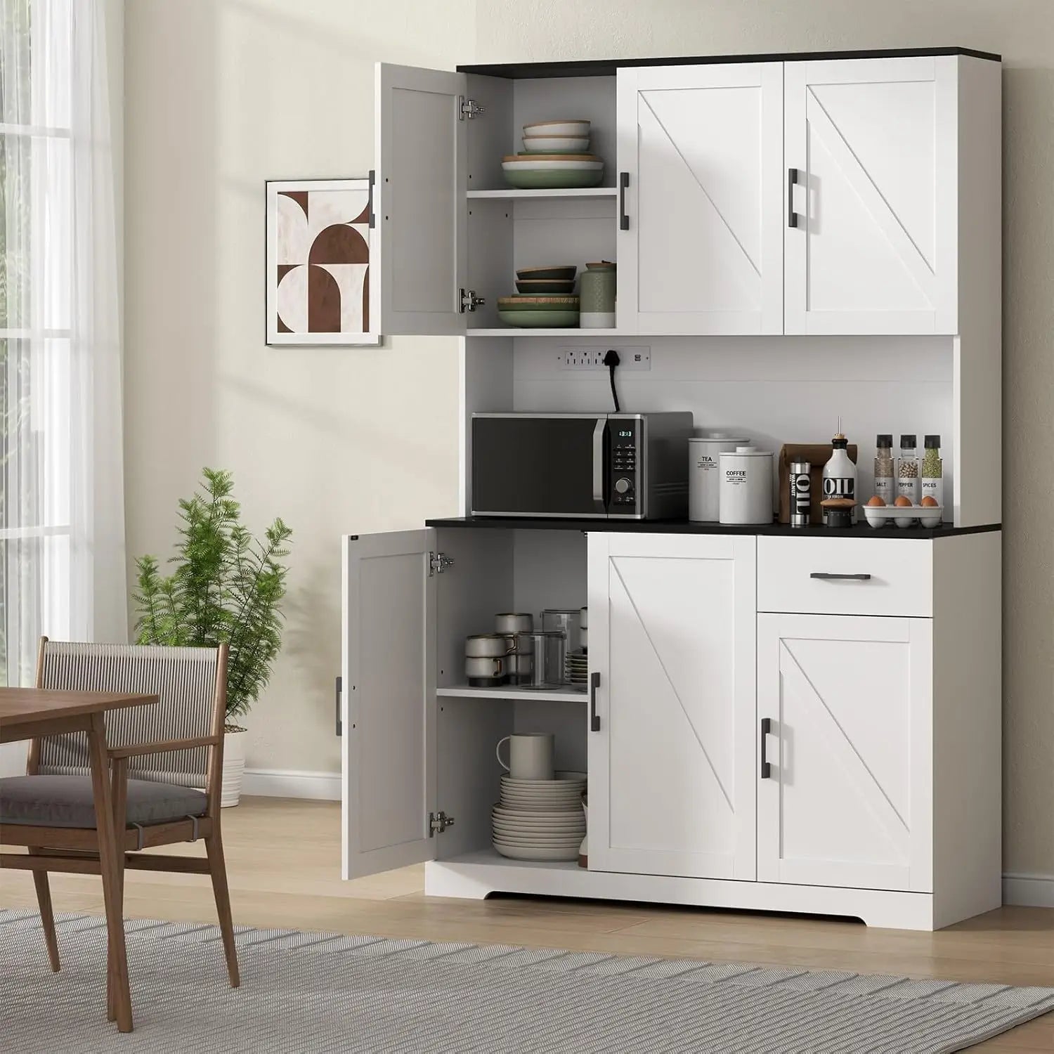 71" Kitchen Pantry Cabinet, Charging Station, Microwave Shelf
