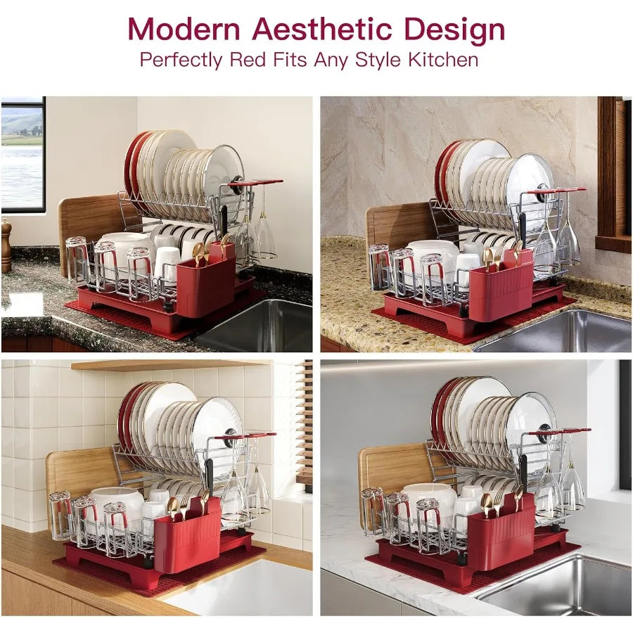 2 Tier Red Large Stainless Steel Dish Rack