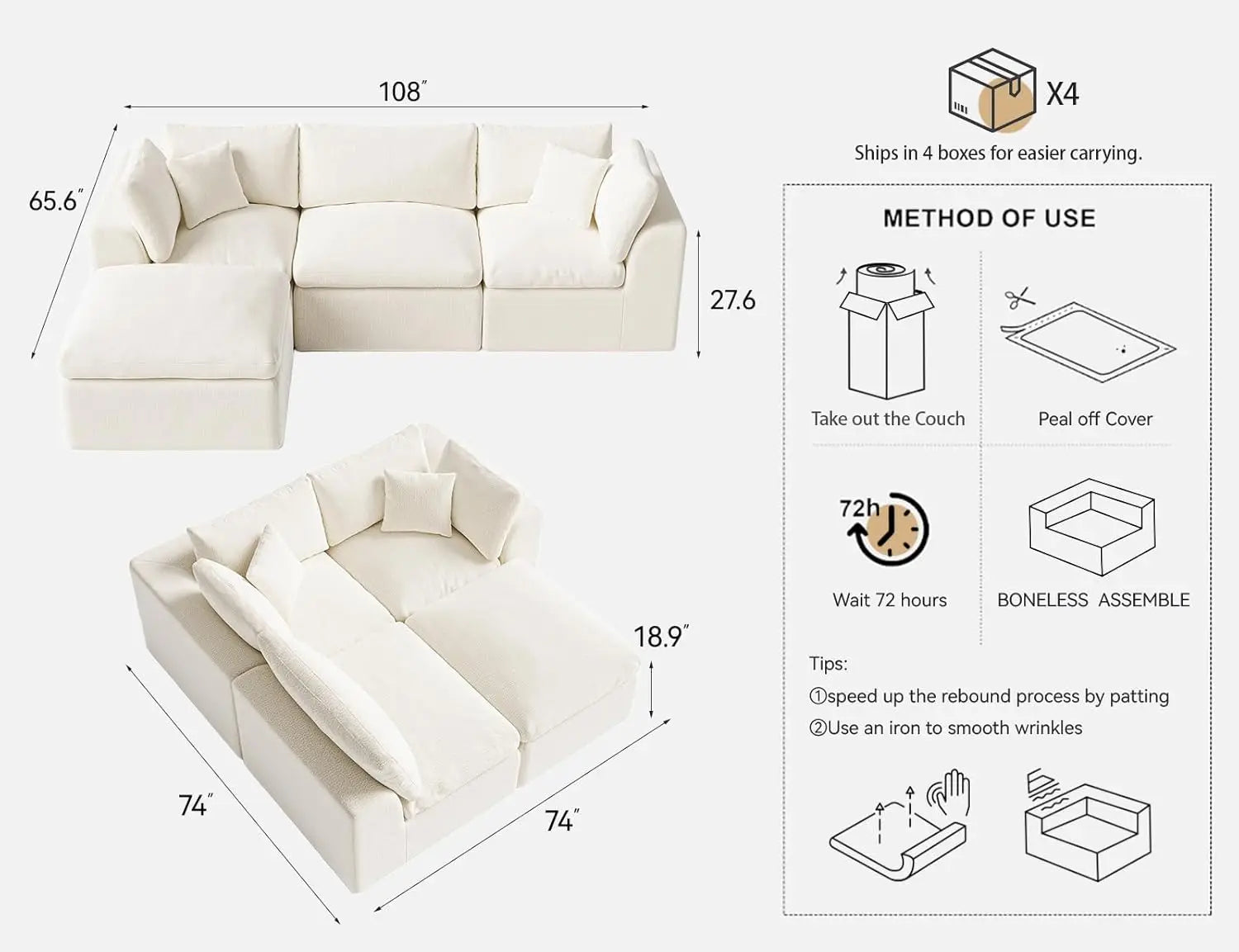 108" Cloud Sectional L Shape