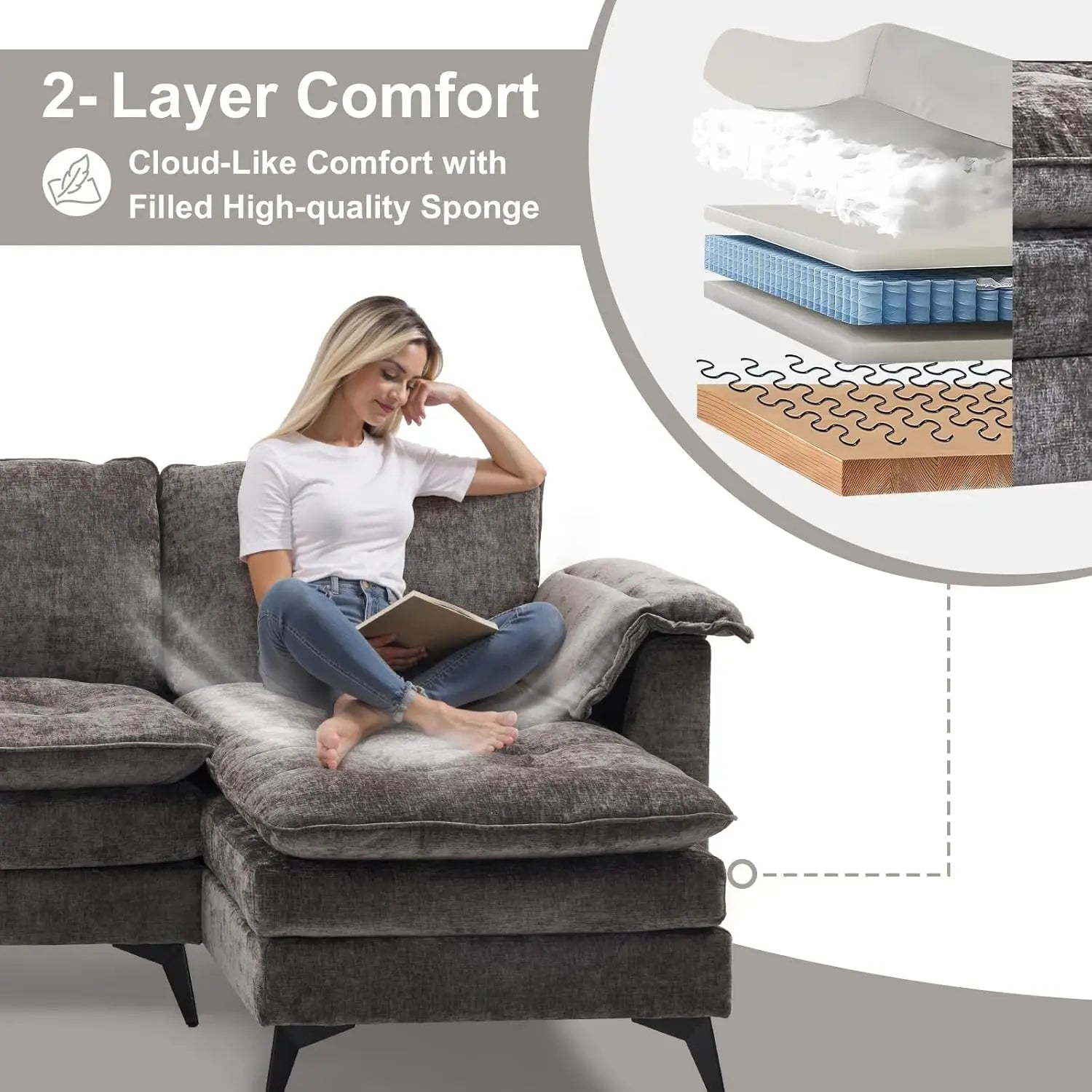 129'' Reversible Sectional L-Shaped Sofa