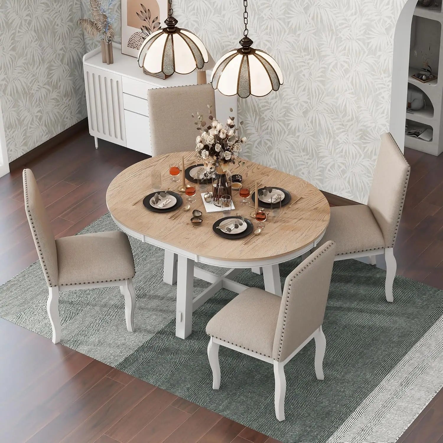 42-58" Farmhouse Set Extendable Wood w/4 Upholstered Chairs
