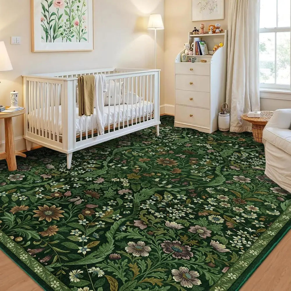 6x9 Green Boho Washable Low Pile