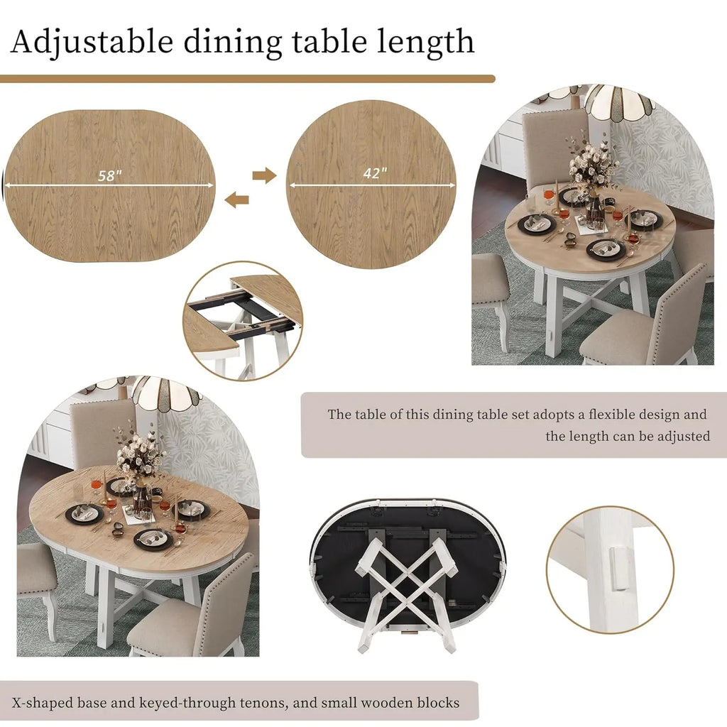 42-58" Farmhouse Set Extendable Wood w/4 Upholstered Chairs