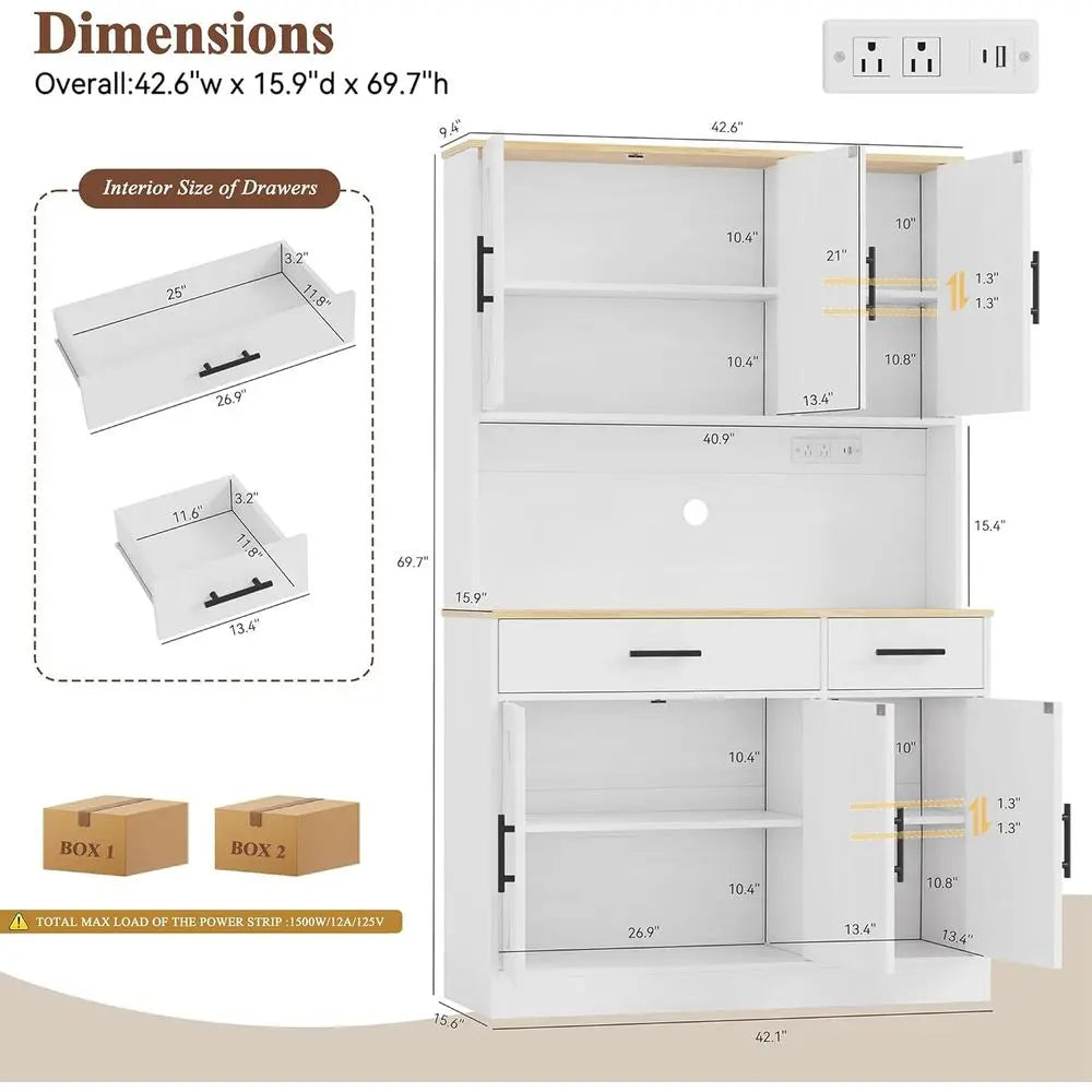 White Tall Pantry Cabinet W/Charging Station