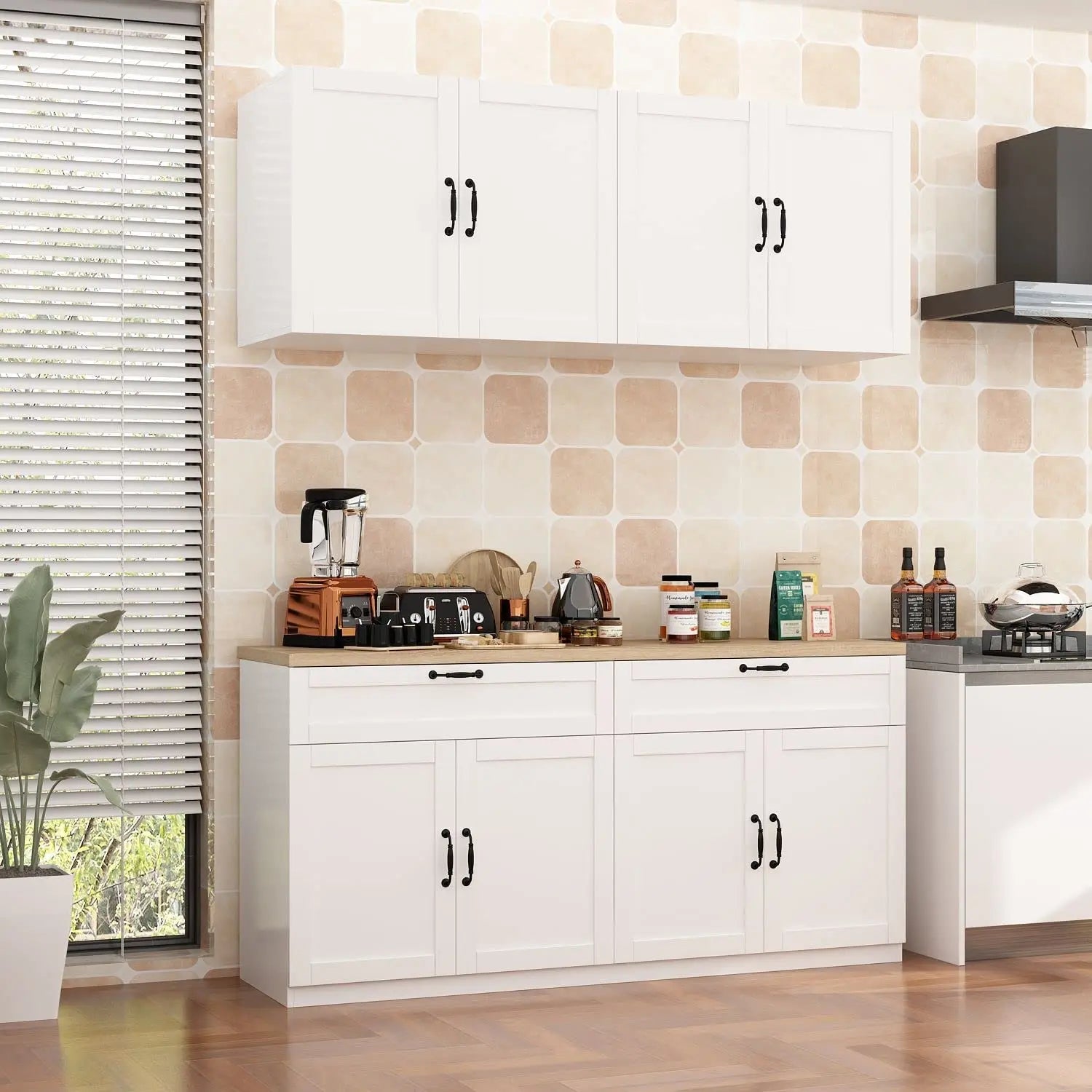 Wall-Mounted Pantry W/Countertop/Drawers/Doors/Wall Cabinets